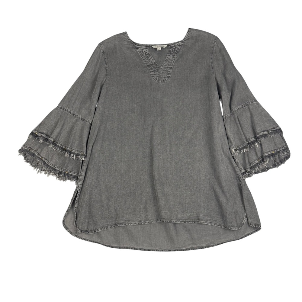 John Mark Tunic Women M Gray Chambray Lyocell Tiered Bell Sleeve Western Boho